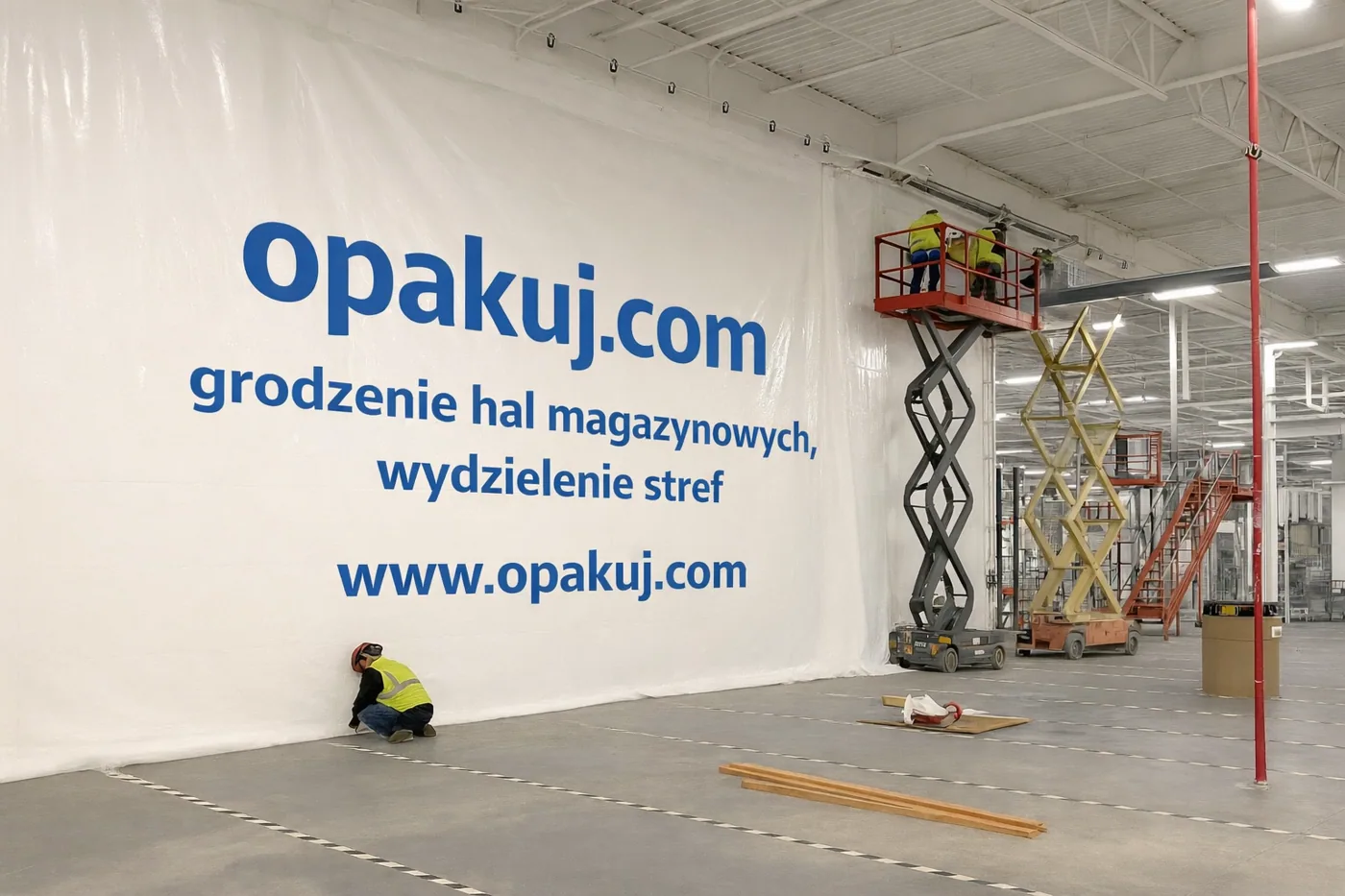Ściana z białej folii z nadrukiem opakuj.com dzieląca halę magazynową, pracownik na podnośniku nożycowym