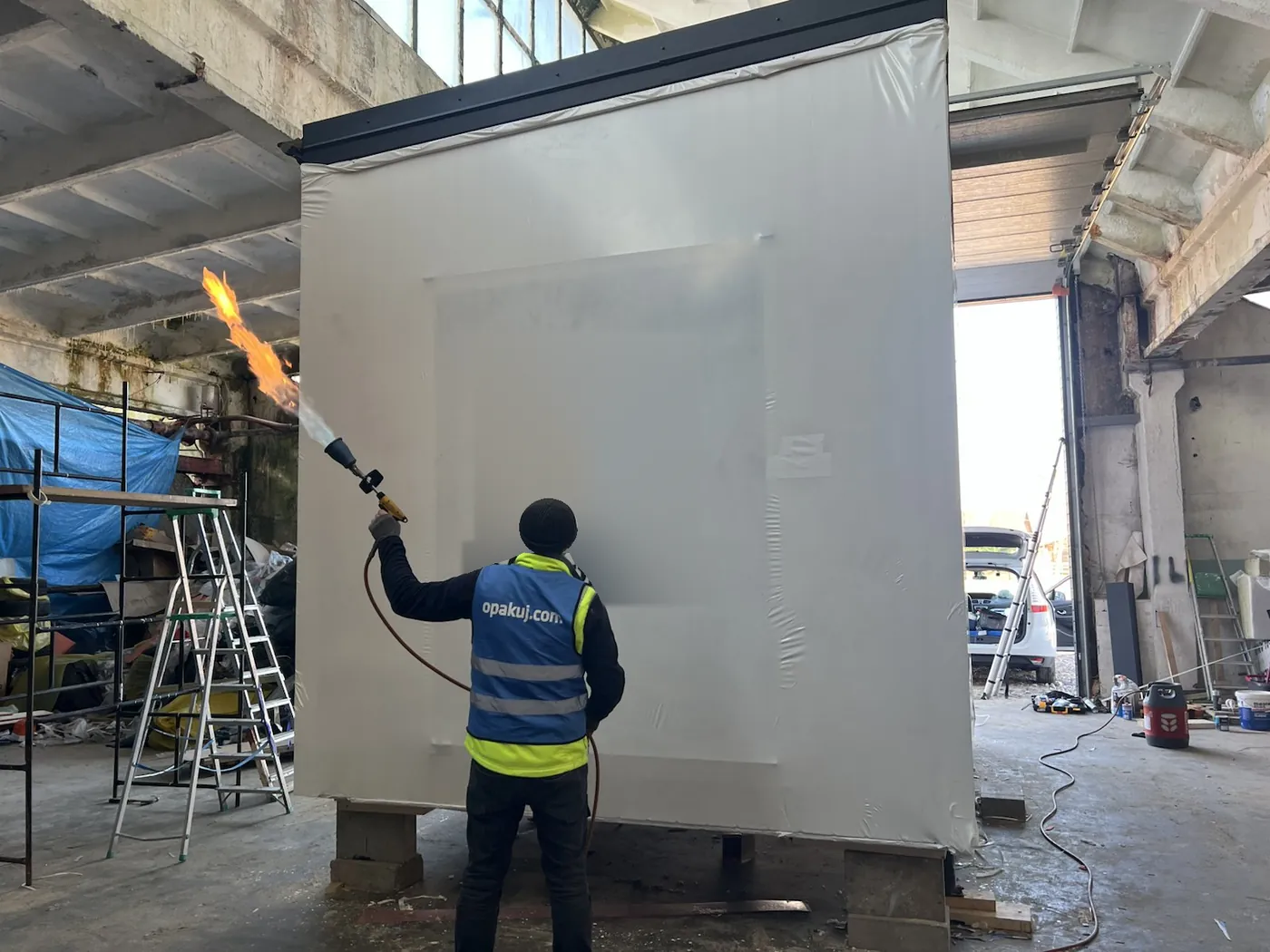 Worker in a vest heat-shrinking white film with a heat gun on a sauna standing on bearers in a hall